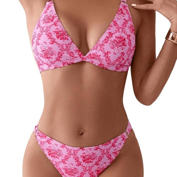 Women's Floral Print Triangle String Bikini Set - Medium - Pink - Picture 1 of 6